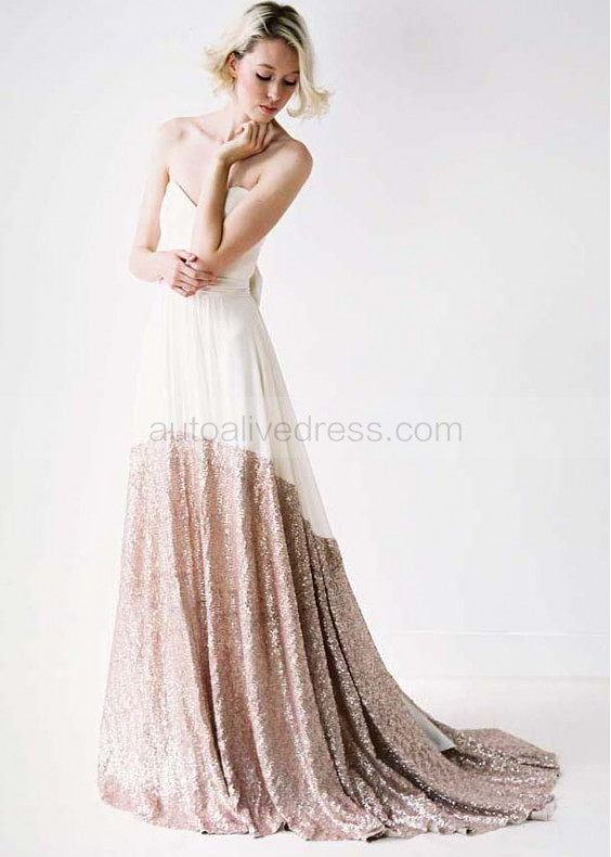 Strapless Sweetheart Neckline Ivory Chiffon Champagne Sequin Wedding Dress